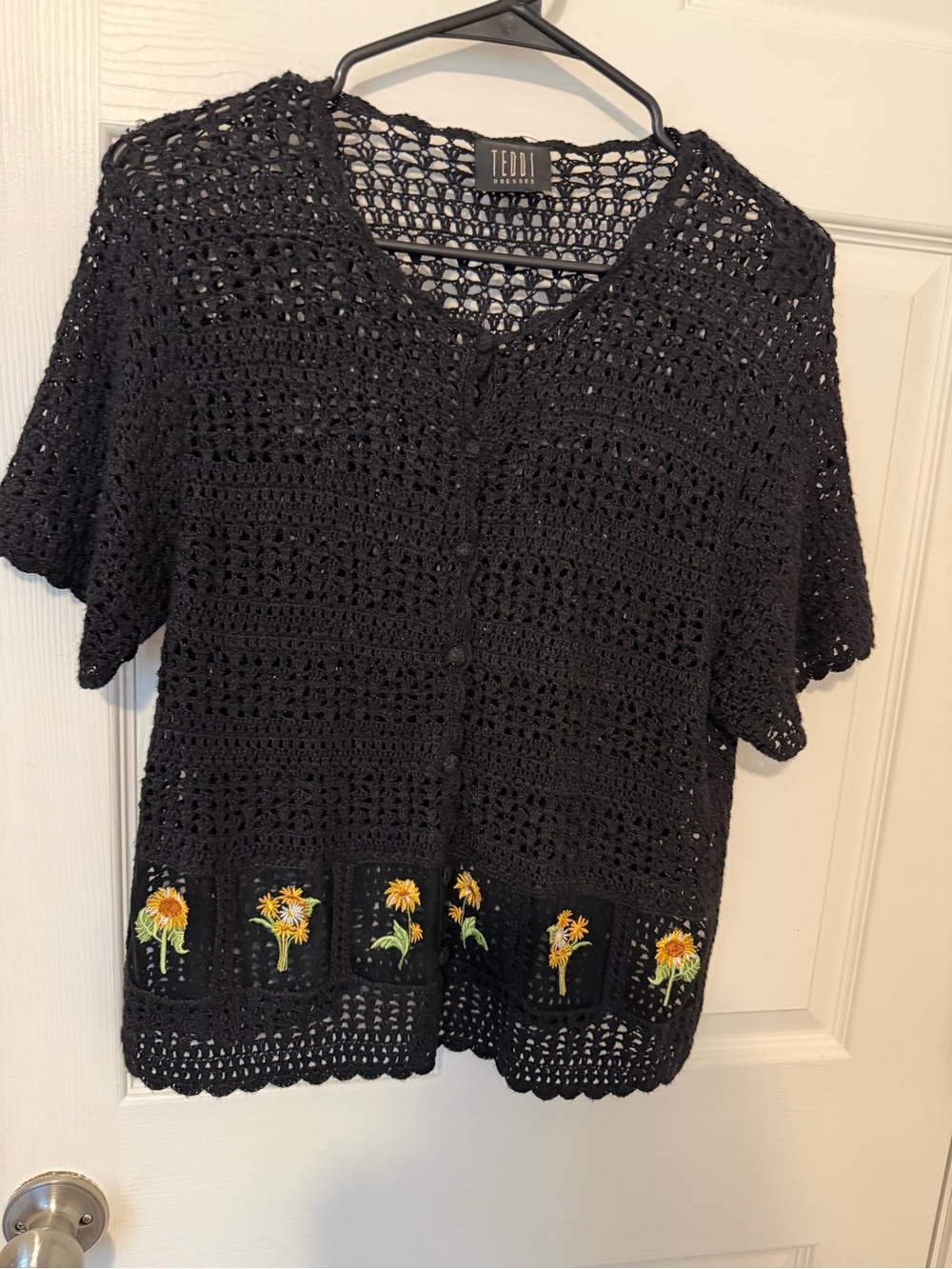 Teddi Black Crochet Short-Sleeve Button Cardigan with Yellow Floral Embroidery